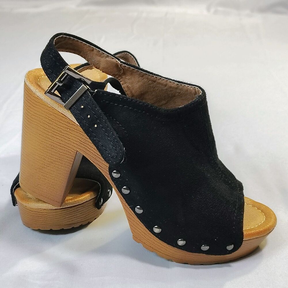 Nature Breeze Black Suede Sandals Sz 5.5 Studded Platform Slingback Open Toe